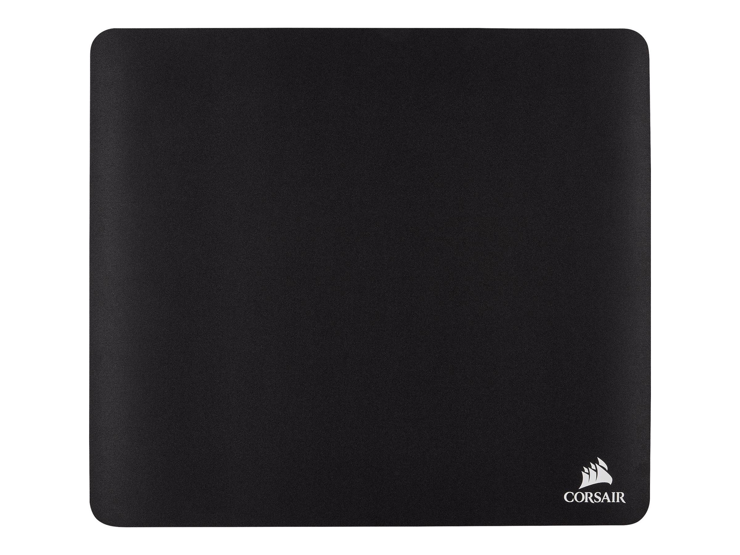 Schwarzes Corsair Mousepad mit abgerundeten Ecken und Logo in der unteren rechten Ecke.