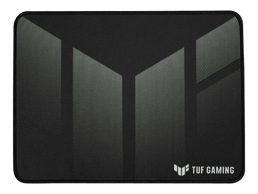 Schwarzes ASUS TUF Gaming-Mousepad mit strukturierter Oberfläche und eckigem grauem geometrischem Design, Logo unten rechts.