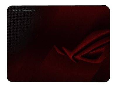 Rotes ASUS ROG Sheath Mousepad mit dem Republic of Gamers Logo auf dunkelm Hintergrund.