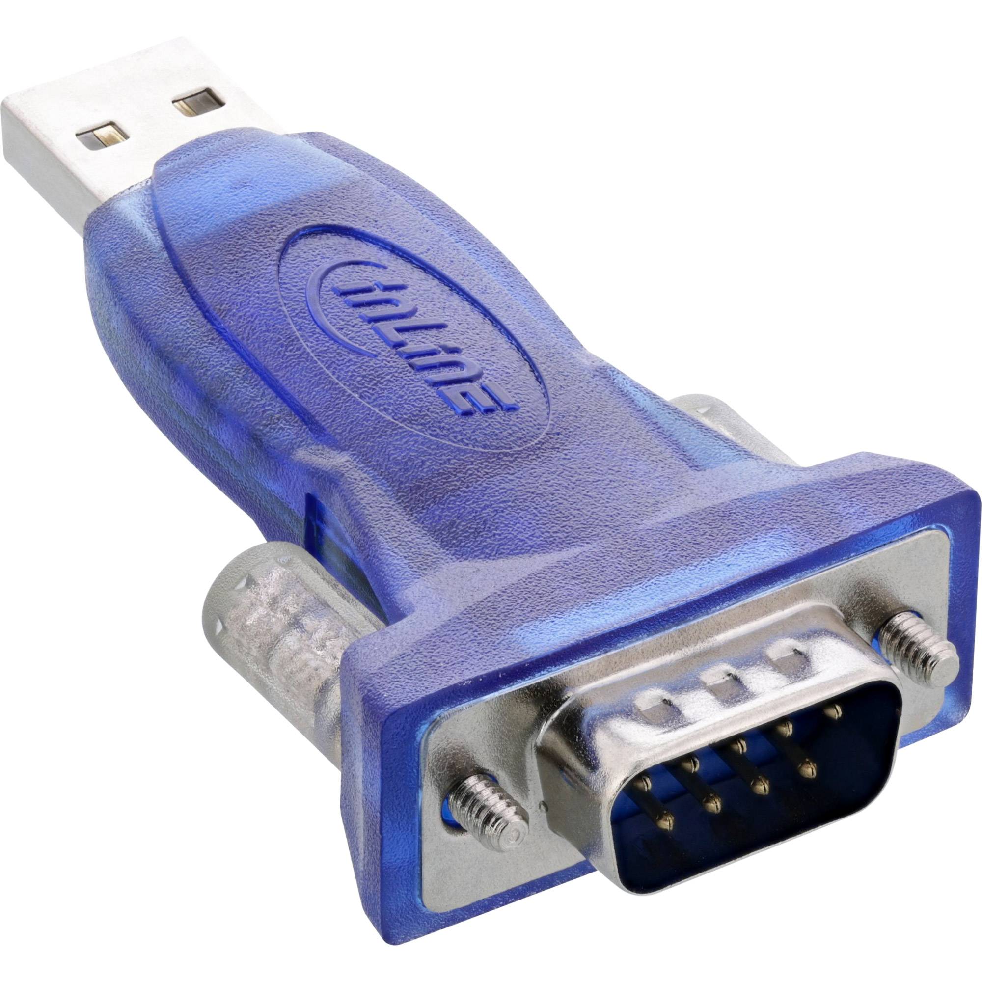 Blauer USB-zu-Seriell-Adapter mit USB-A-Stecker und DB9-Stecker zum Anschluss von älteren Geräten an einen Computer.