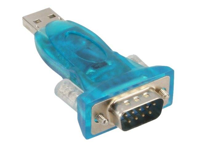 Blauadapterkabel von USB zu Seriell mit USB-A-Stecker auf der einen Seite und 9-poltigem DB9-Stecker auf der anderen Seite.