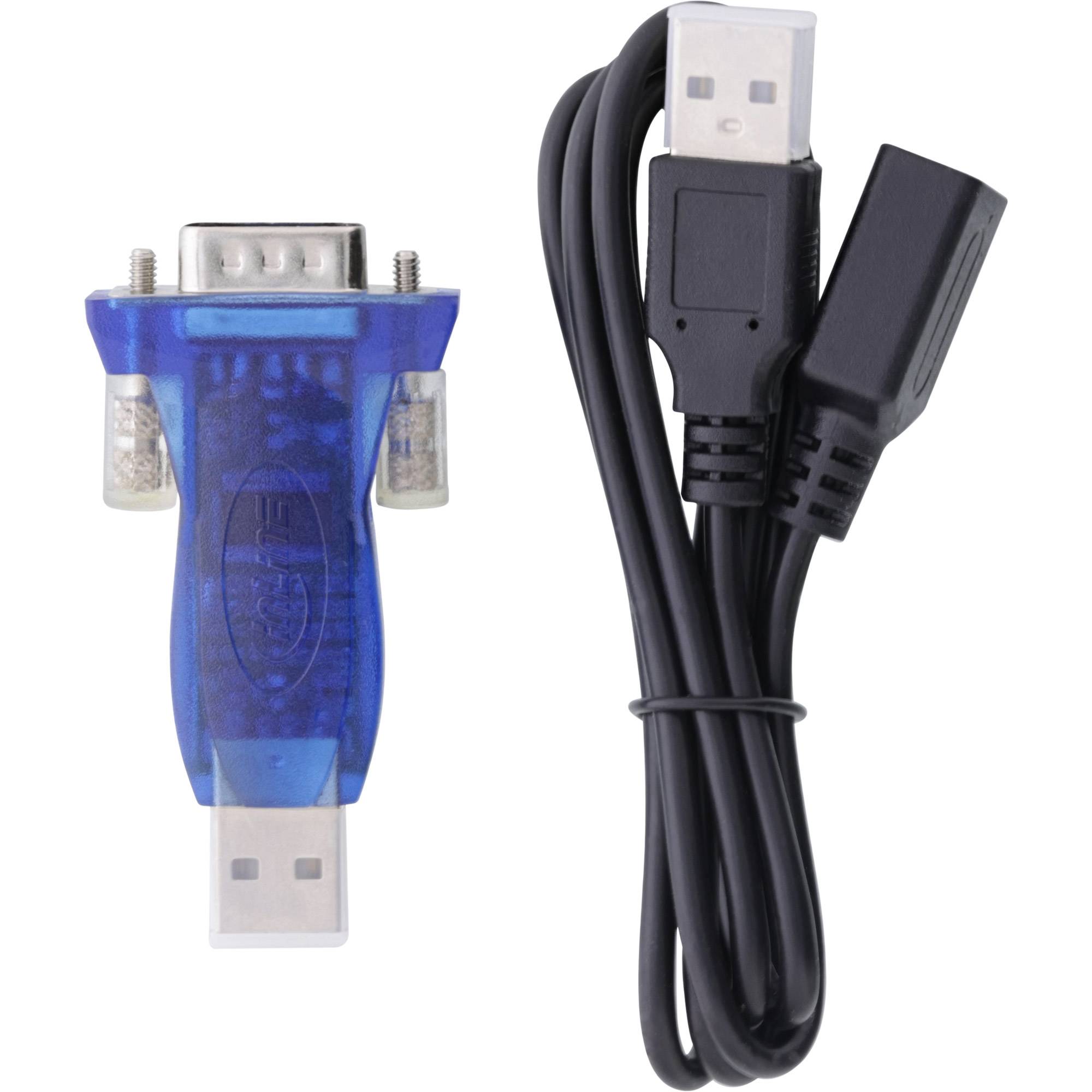 USB-zu-Seriell-Adapterkabel mit einem blauen USB-zu-RS-232-Stecker und einem aufgerollten schwarzen USB-Kabel auf weißem Hintergrund.