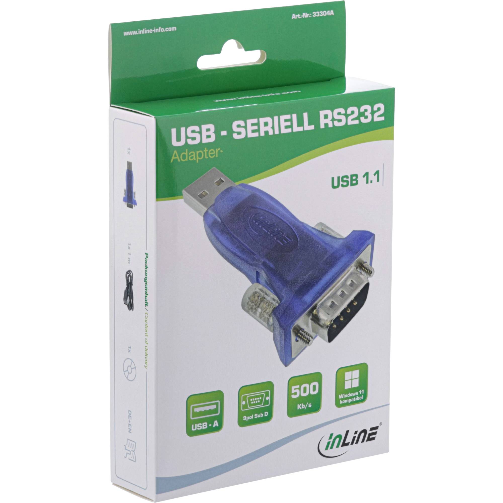 Paket für einen USB-zu-Seriell-RS232-Adapter, das einen blauen Stecker und Text zeigt 'USB - SERIELL RS232' und 'USB 1.1'.