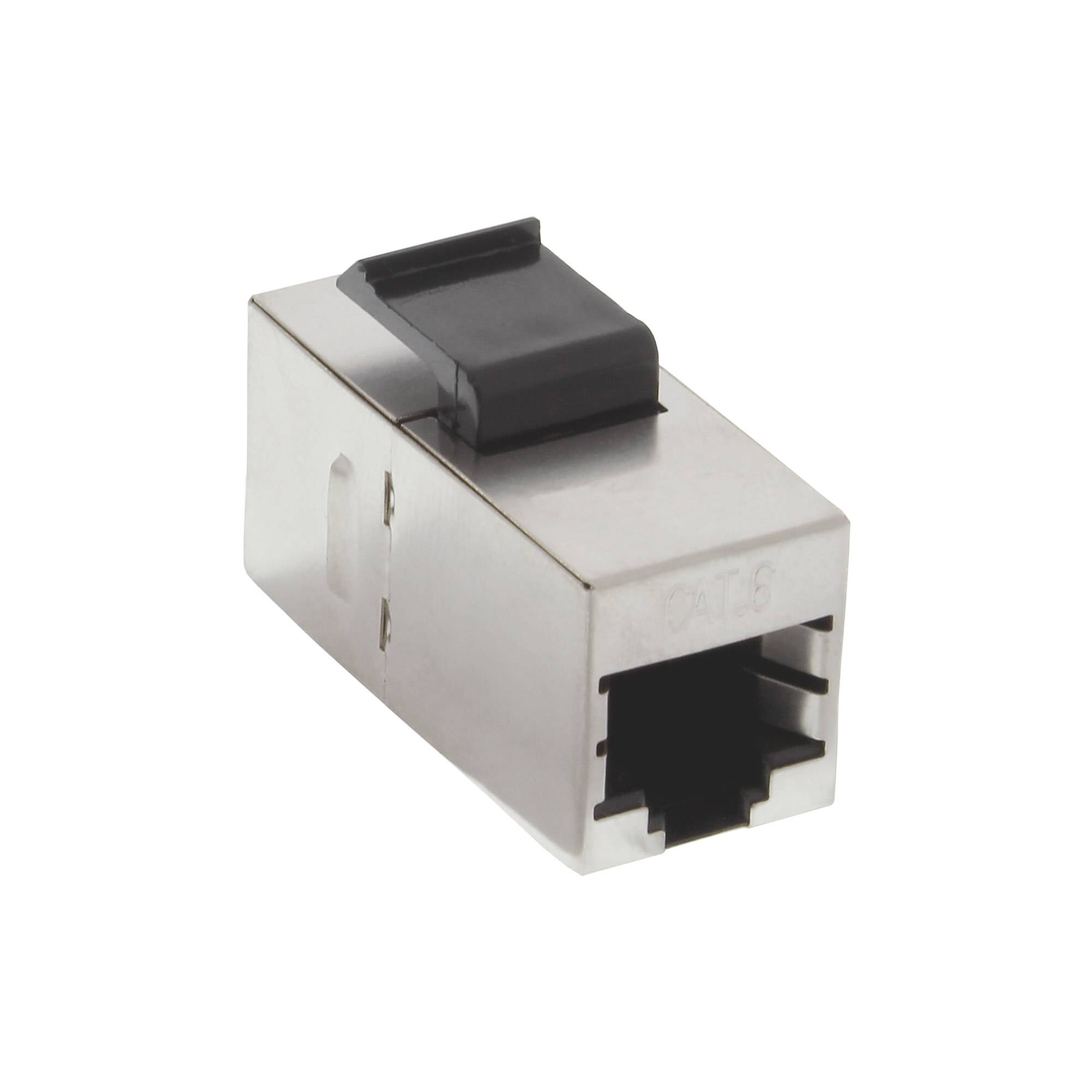 Metall-Ethernet-RJ45-Keystone-Buchse mit schwarzem Staubschutz, gezeigt auf weißem Hintergrund.