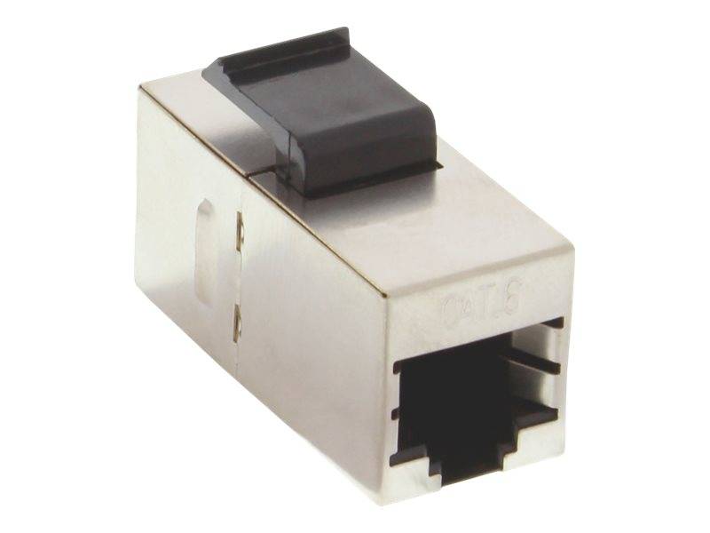 Ein Ethernet-Netzwerkbuchsenmodul mit rechteckigem Metallgehäuse und schwarzem Kunststoffverschluss, dargestellt auf weißem Hintergrund.