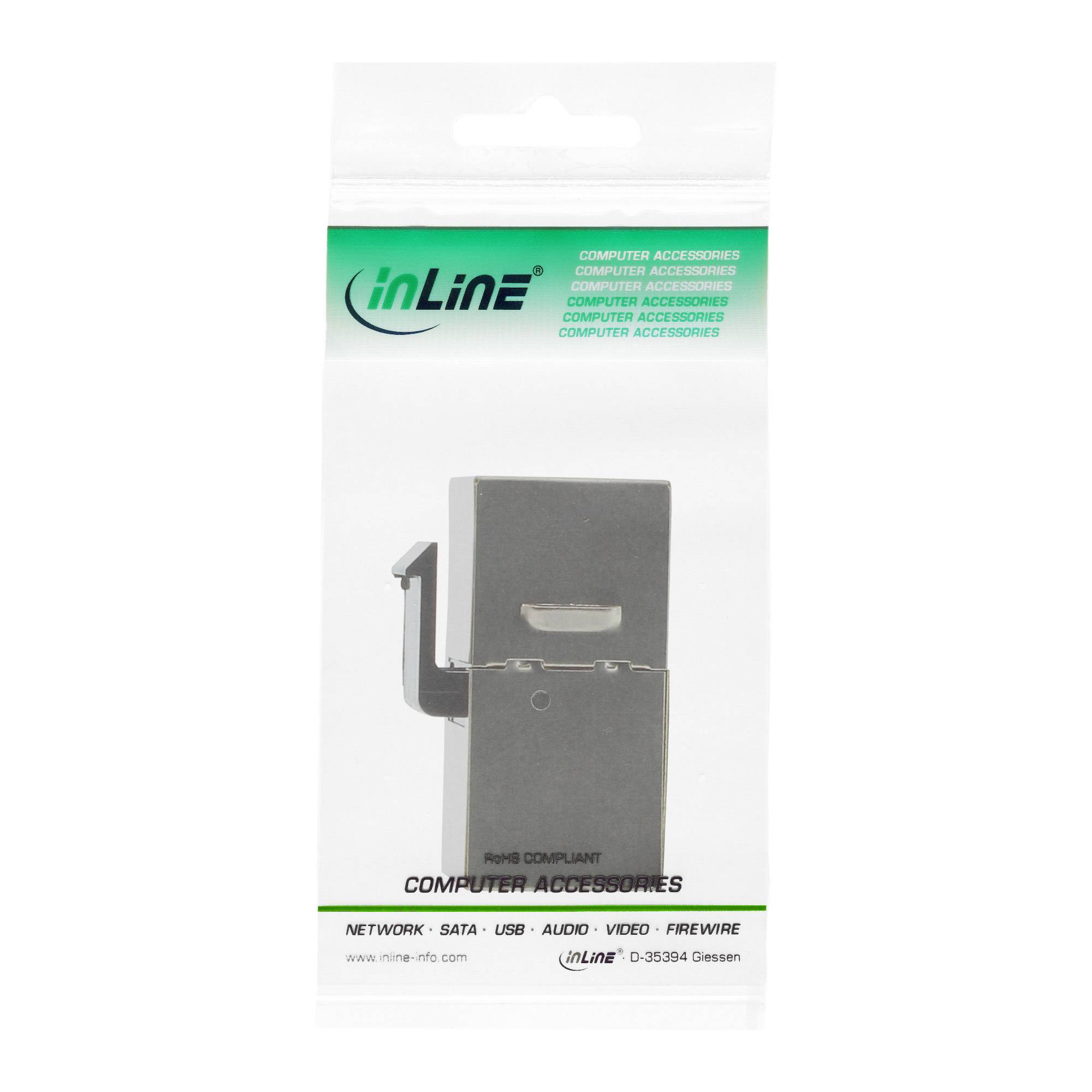 Verpackung für ein inLine-Computerzubehör, das eine graue Metallhalterung mit den Aufschriften 