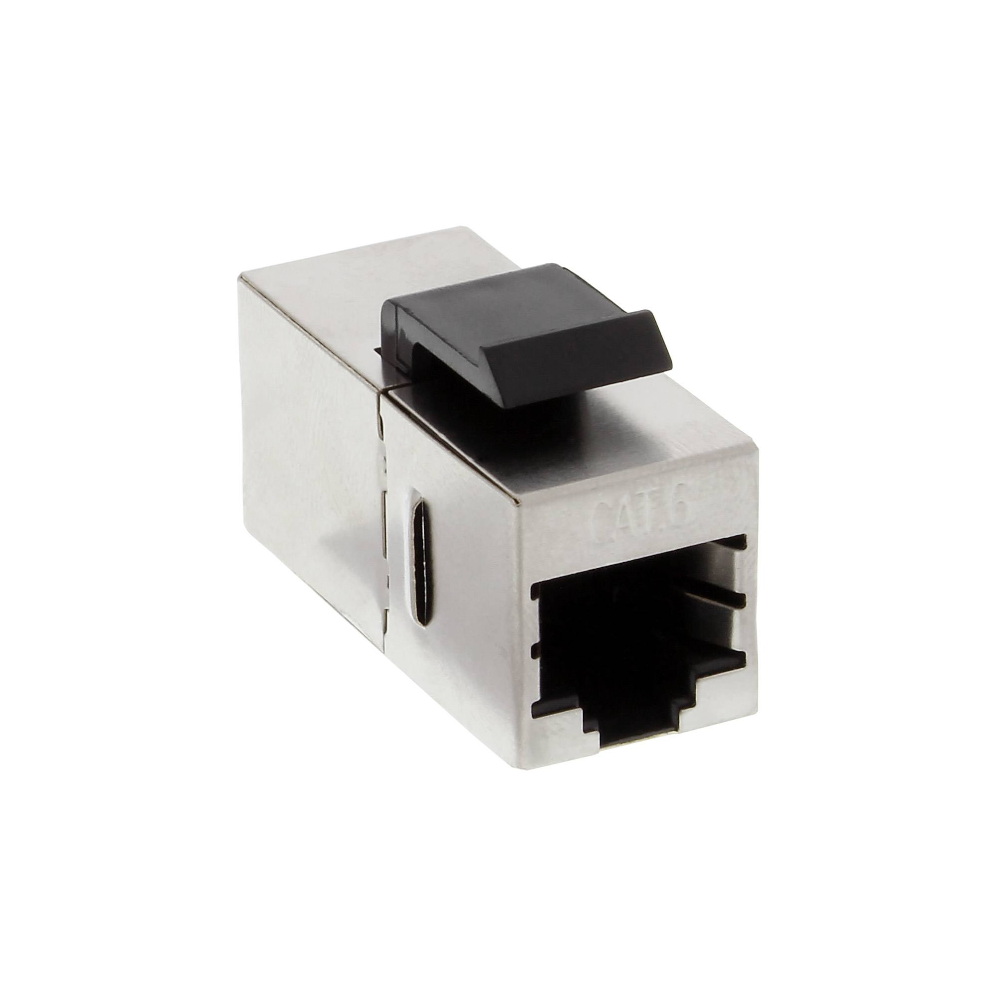 Metall-RJ45-Ethernet-Buchse mit schwarzer Oberfläche, dargestellt auf weißem Hintergrund.