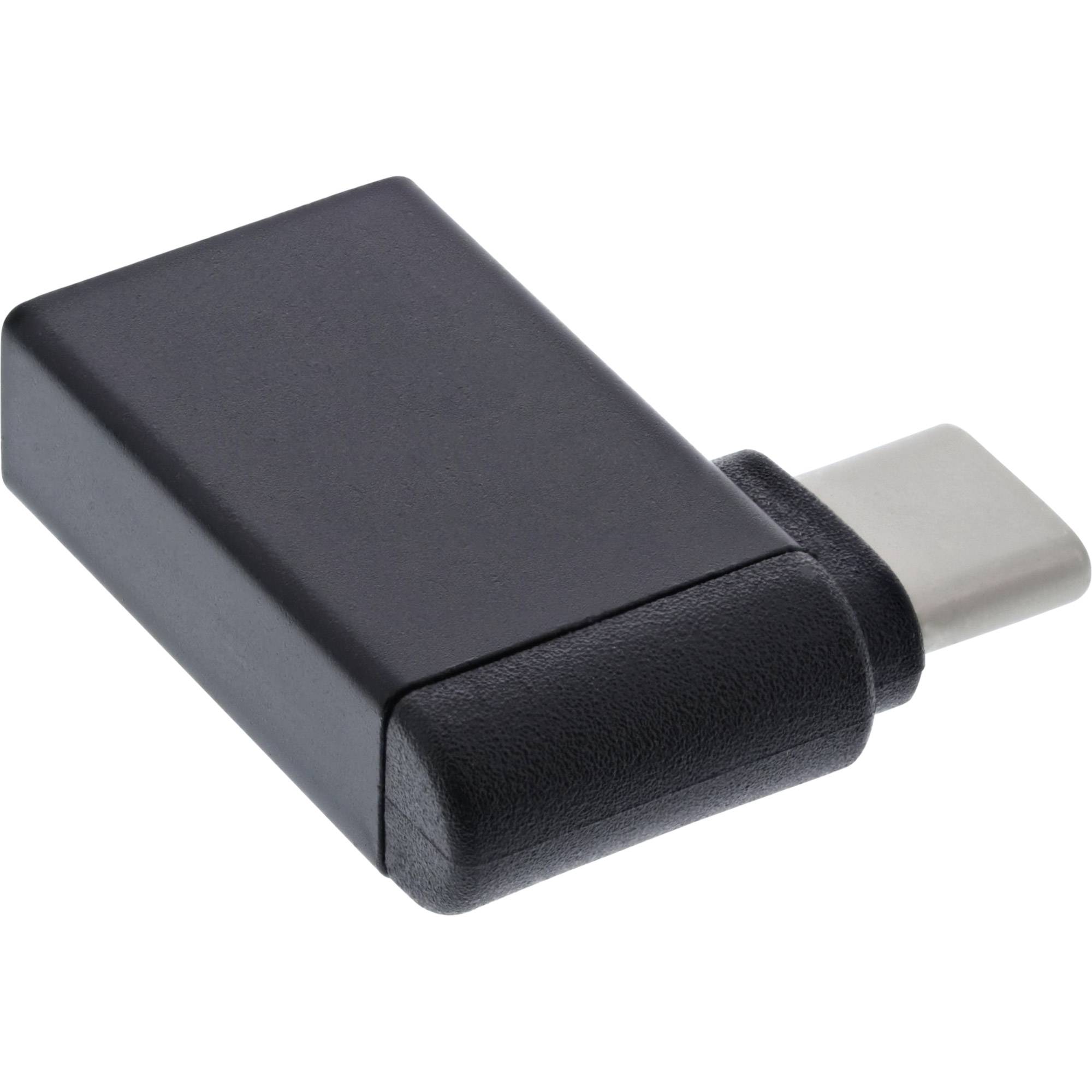 Schwarzer USB-C-Adapter-Dongle auf weißem Hintergrund, angewinkelt, um den Anschluss-Stecker zu zeigen.