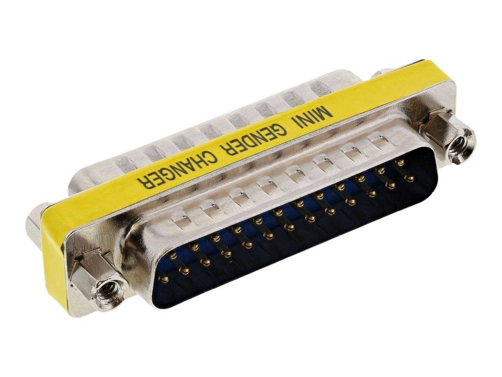 Nahaufnahme eines Mini-Geschlechtswechsel-Steckers, ein DB-Adapter von männlich zu männlich im Stil mit 25 goldenen Pins und gelbem Etikett.