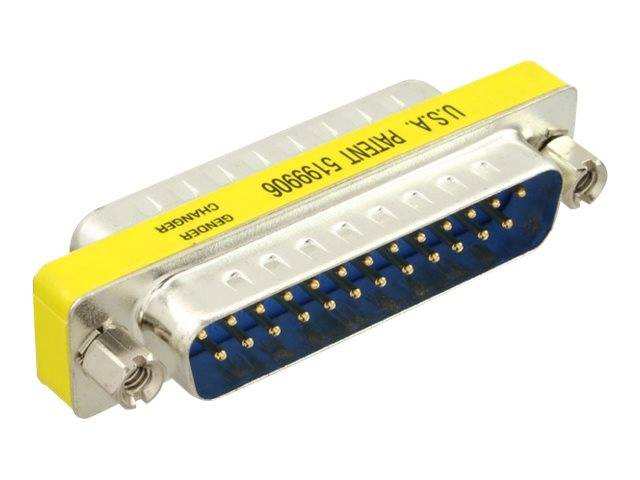 Nahaufnahme eines gelb-silbernen DB-25-Stecker mit Goldkontakten, beschriftet mit „USA PATENT 5190906