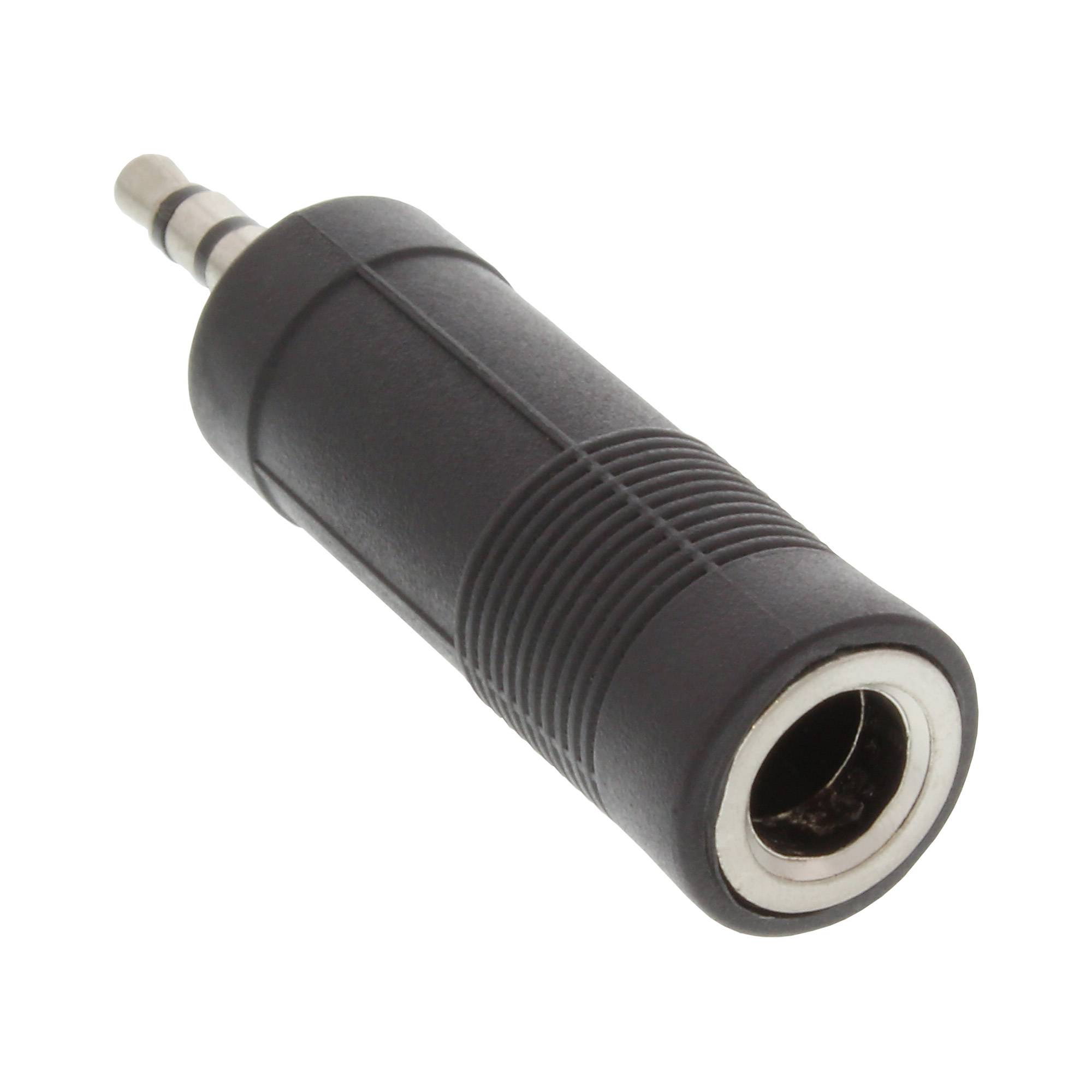 Schwarzer 3,5-mm-Audioklinkenadapter mit Stecker auf der einen Seite und Buchse auf der anderen Seite.