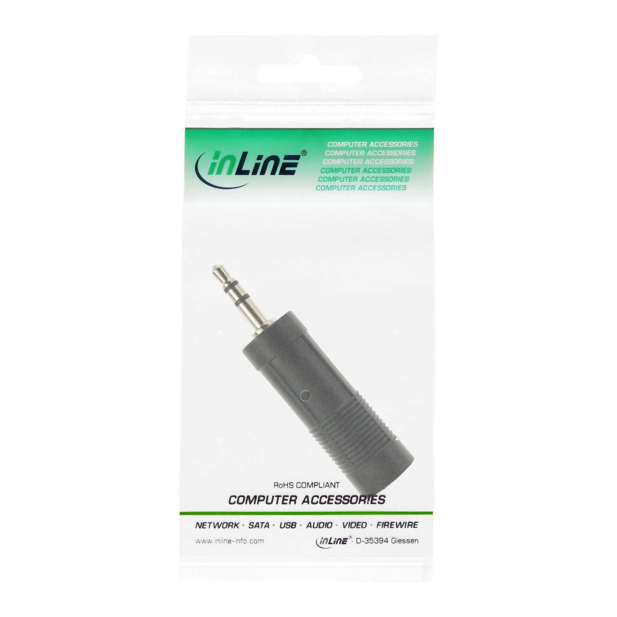 Verpackter inline 3,5-mm-Audiojackstecker-Adapter von inLine, gekennzeichnet als Computerzubehör und RoHS-konform.
