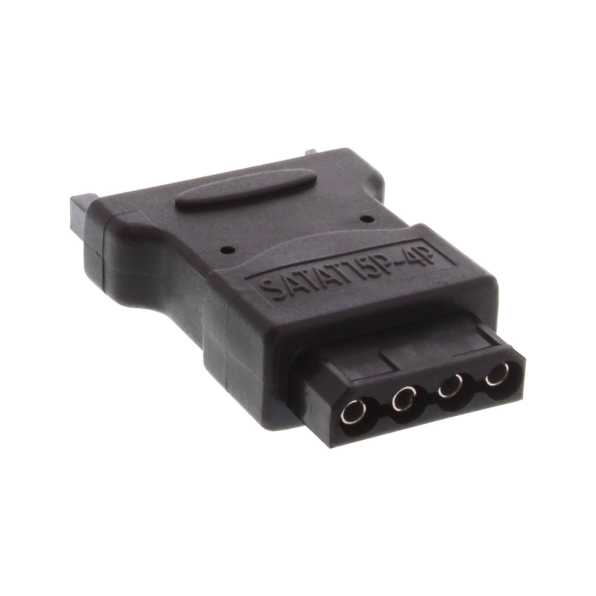 Schwarzer SATA-Stromadapter-Stecker mit vierpoliger weiblicher Anschlussbuchse auf weißem Hintergrund.