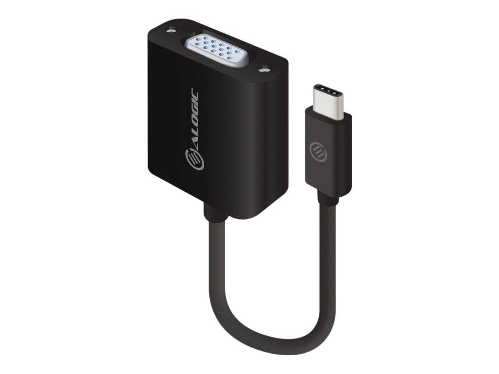 Schwarzes USB-C-auf-VGA-Adapterkabel mit männlichem USB-C-Stecker und VGA-Anschluss auf weißem Hintergrund.