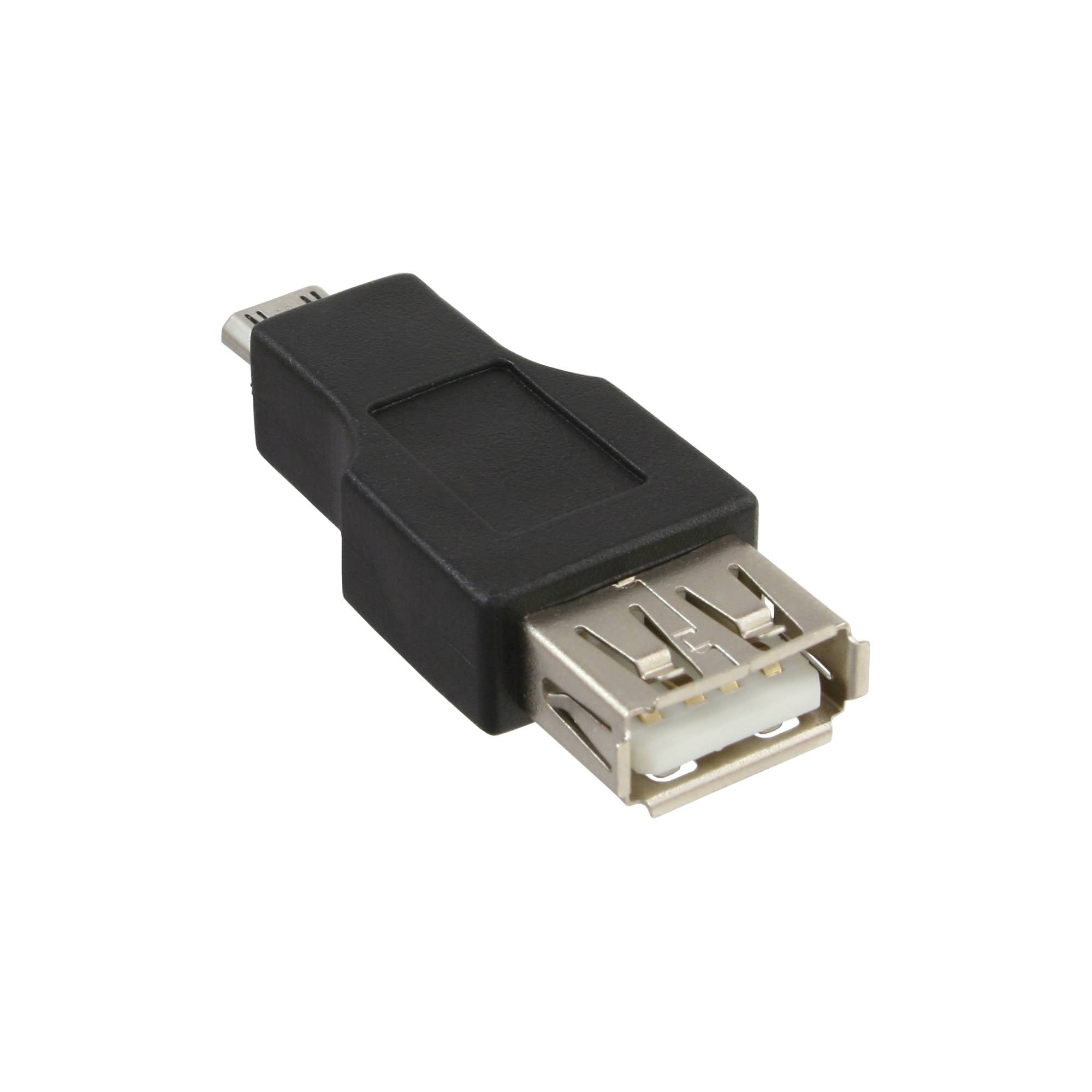 Ein schwarzer USB-Adapter mit einem Micro-USB-Stecker auf der einen Seite und einer vollwertigen USB-Buchse auf der anderen Seite.