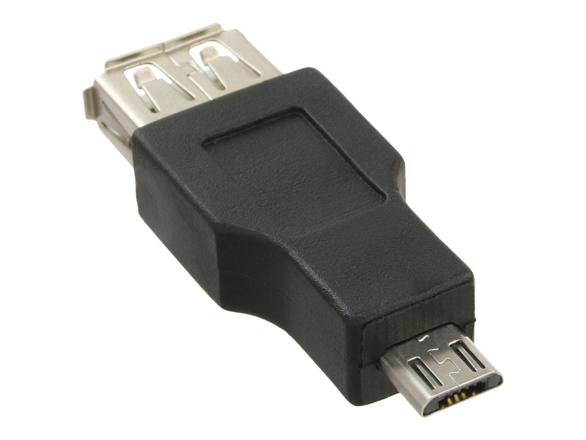 USB-OTG-Adapter mit USB-A-Buchse in Standardgröße und Micro-USB-Stecker, zum Verbinden von USB-Geräten mit einem Telefon oder Tablet.