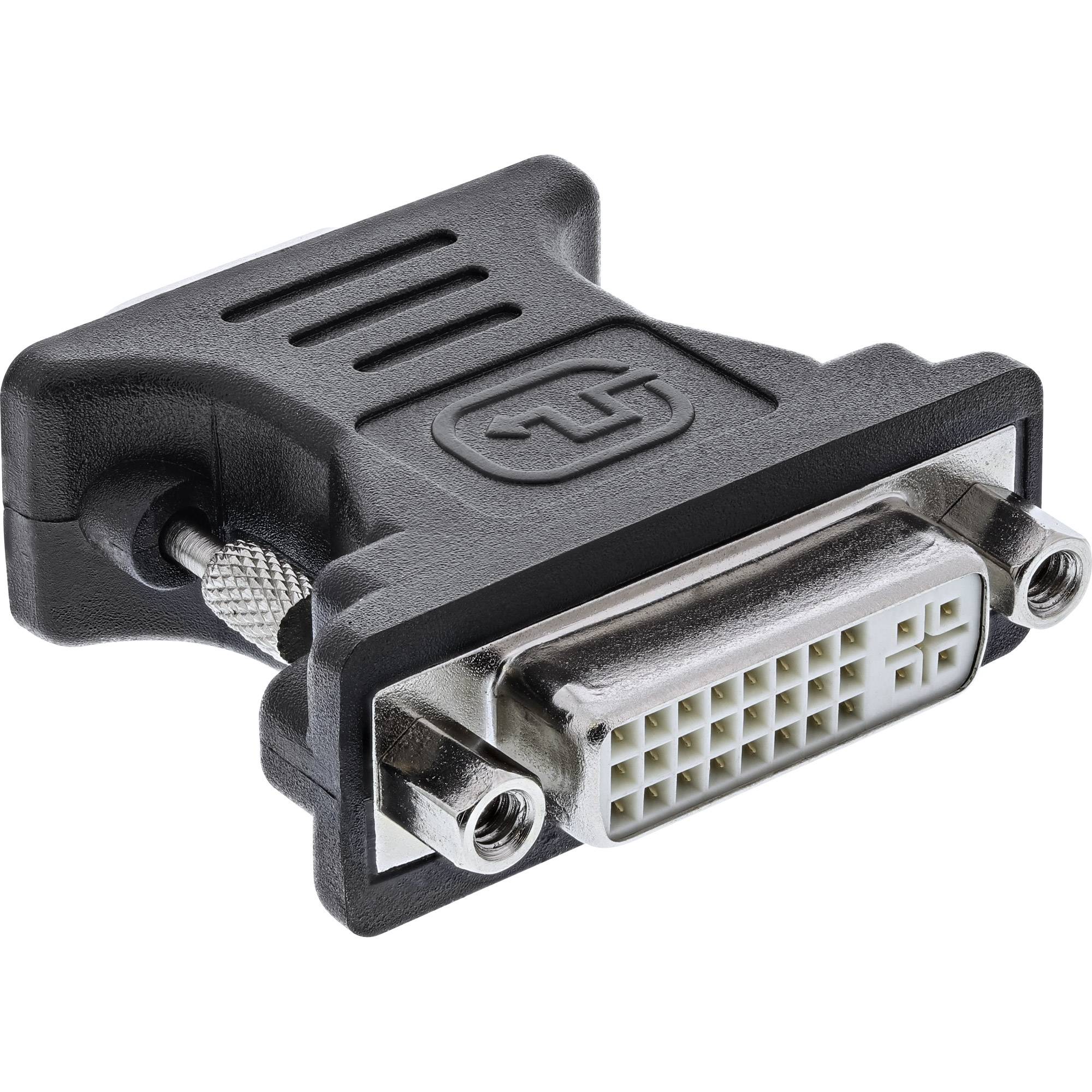 DVI-zu-VGA-Adapter mit einem weiblichen DVI-Anschluss und einem männlichen VGA-Stecker auf weißem Hintergrund.