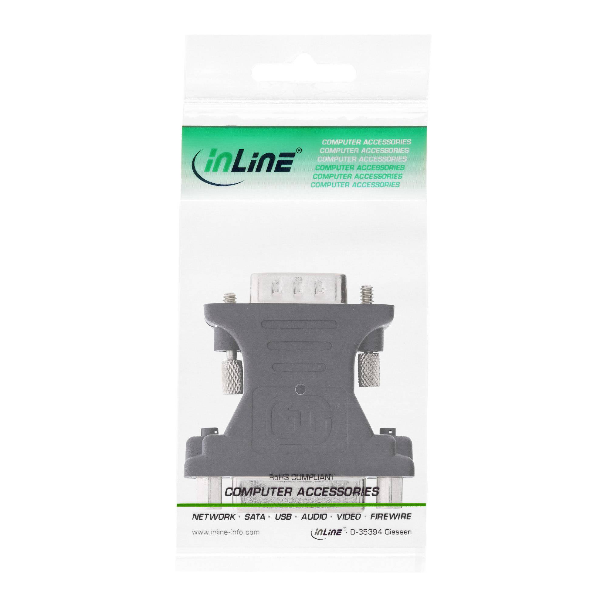 Paket eines InLine Computer-Zubehörs: ein grauer D-Sub Geschlechtsumwandler/Adapter in Einzelhandelsverpackung mit der Beschriftung „COMPUTER ACCESSORIES
