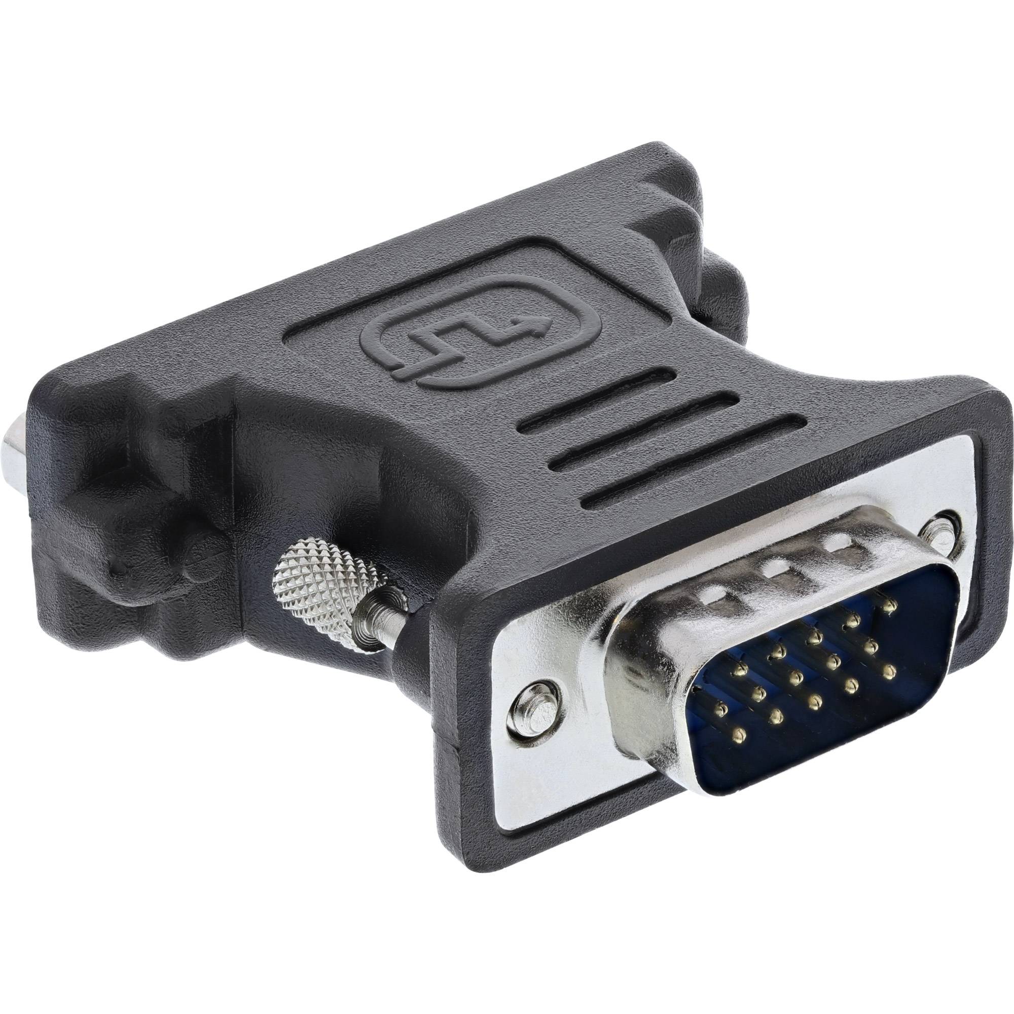 Schwarzer DVI-auf-VGA-Adapter mit männlichem DVI-Stecker und Flügelschraube, auf weißem Hintergrund dargestellt.
