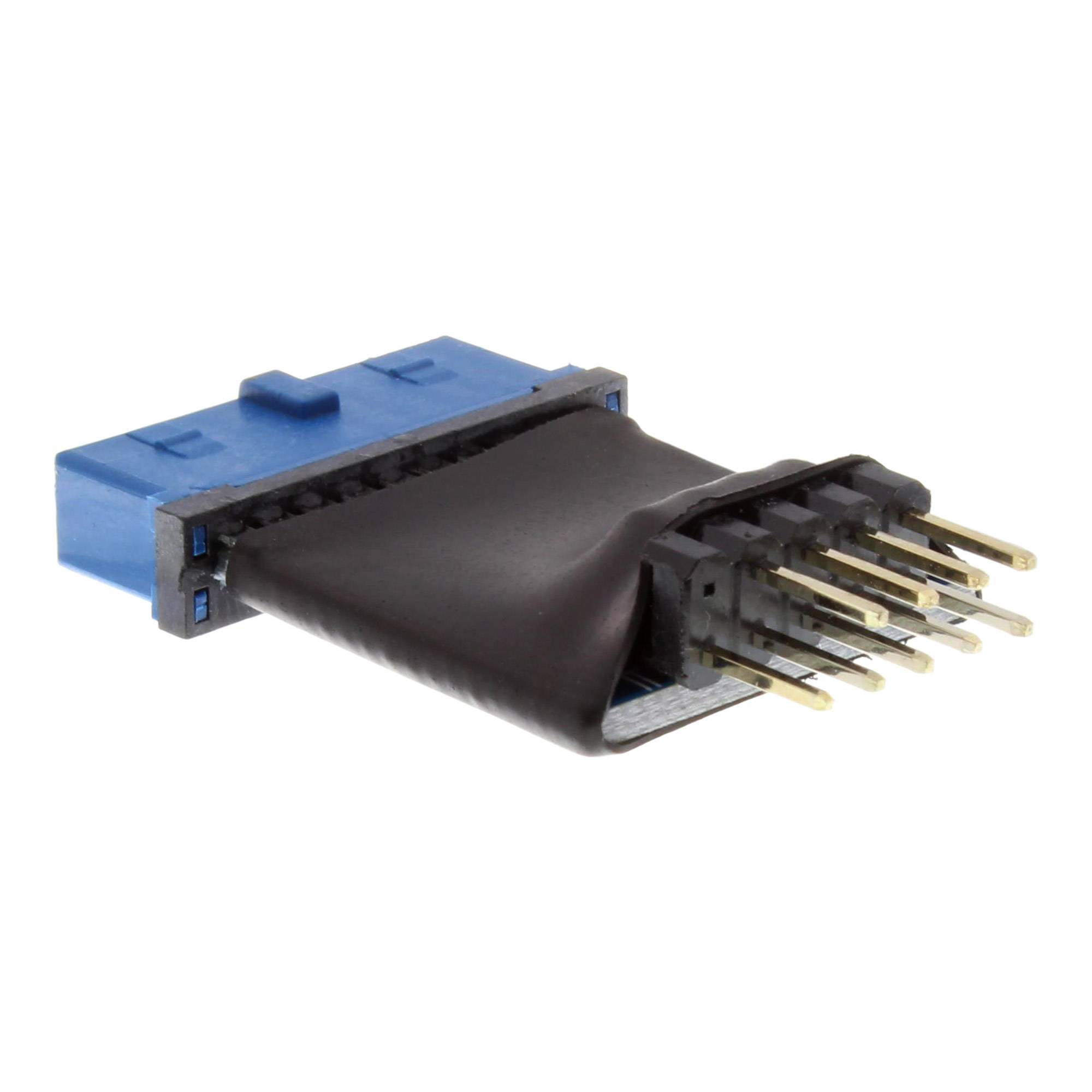 Schwarzes Flachbandkabel-Adaptermodul mit blauem Stecker und freigelegten Goldkontakten auf weißem Hintergrund.