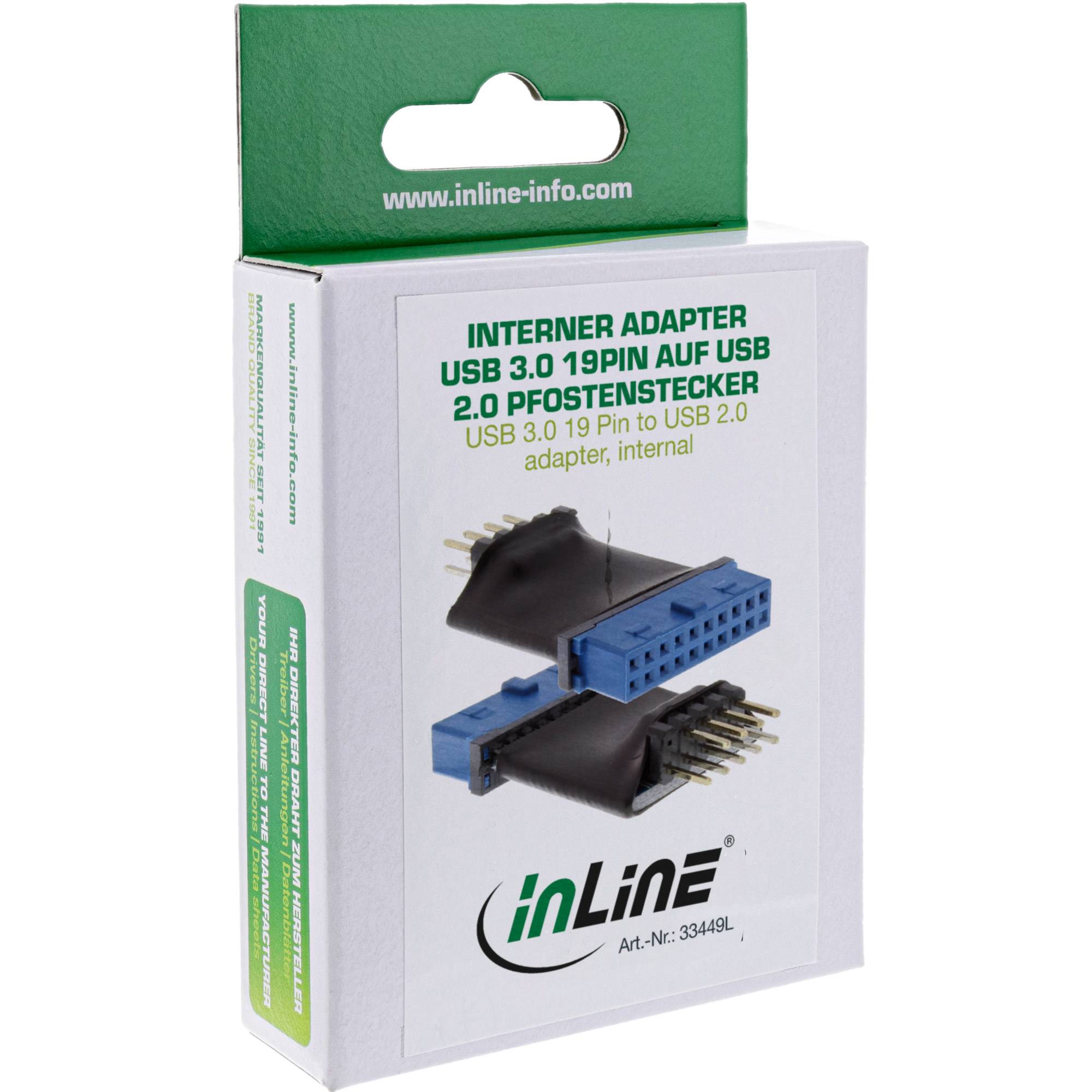 Produktbox für einen inLine internen USB-Adapter, gekennzeichnet als 'INTERNER ADAPTER USB 3.0 19PIN AUF USB 2.0 PFOSTENSTECKER', mit blauen und schwarzen Steckerteilen.