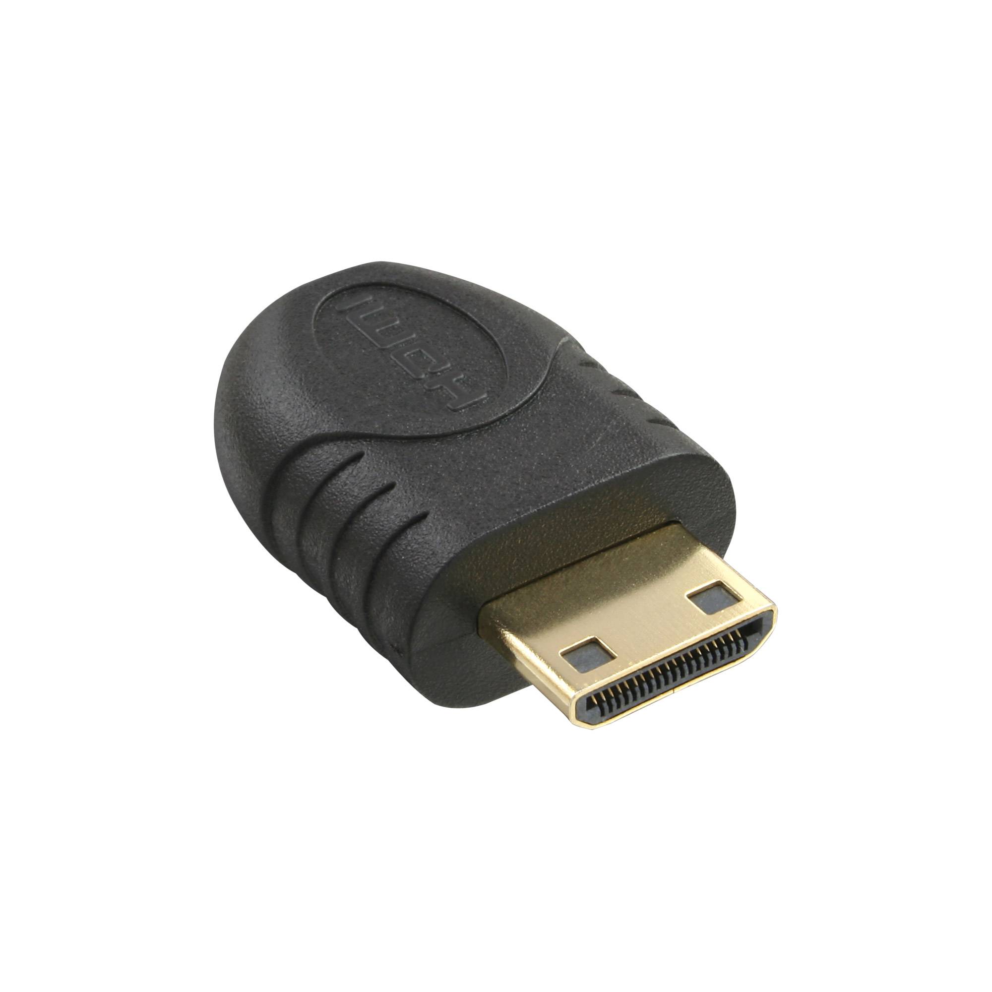 Nahaufnahme eines schwarzen HDMI-Adapters mit einem vergoldeten Stecker auf weißem Hintergrund.