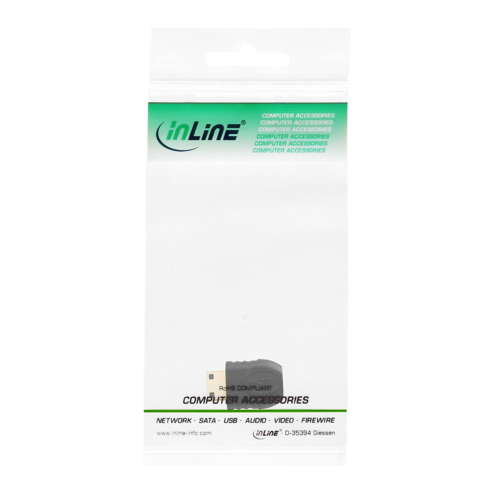 Leere weiße InLine Computer-Zubehör-Verpackung mit grüner Kopfzeile und kleiner Abbildung eines Kabeladapters am unteren Rand.