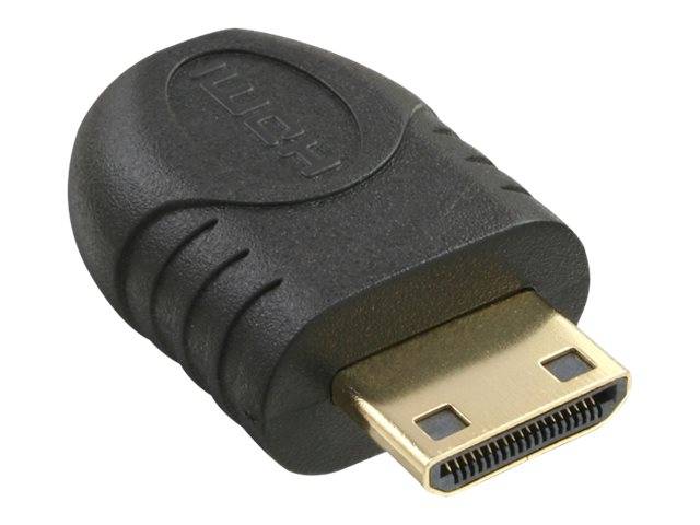 Nahaufnahme eines HDMI-Kabelsteckers mit schwarzem geformtem Griff und vergoldeter Metallspitze auf weißem Hintergrund.