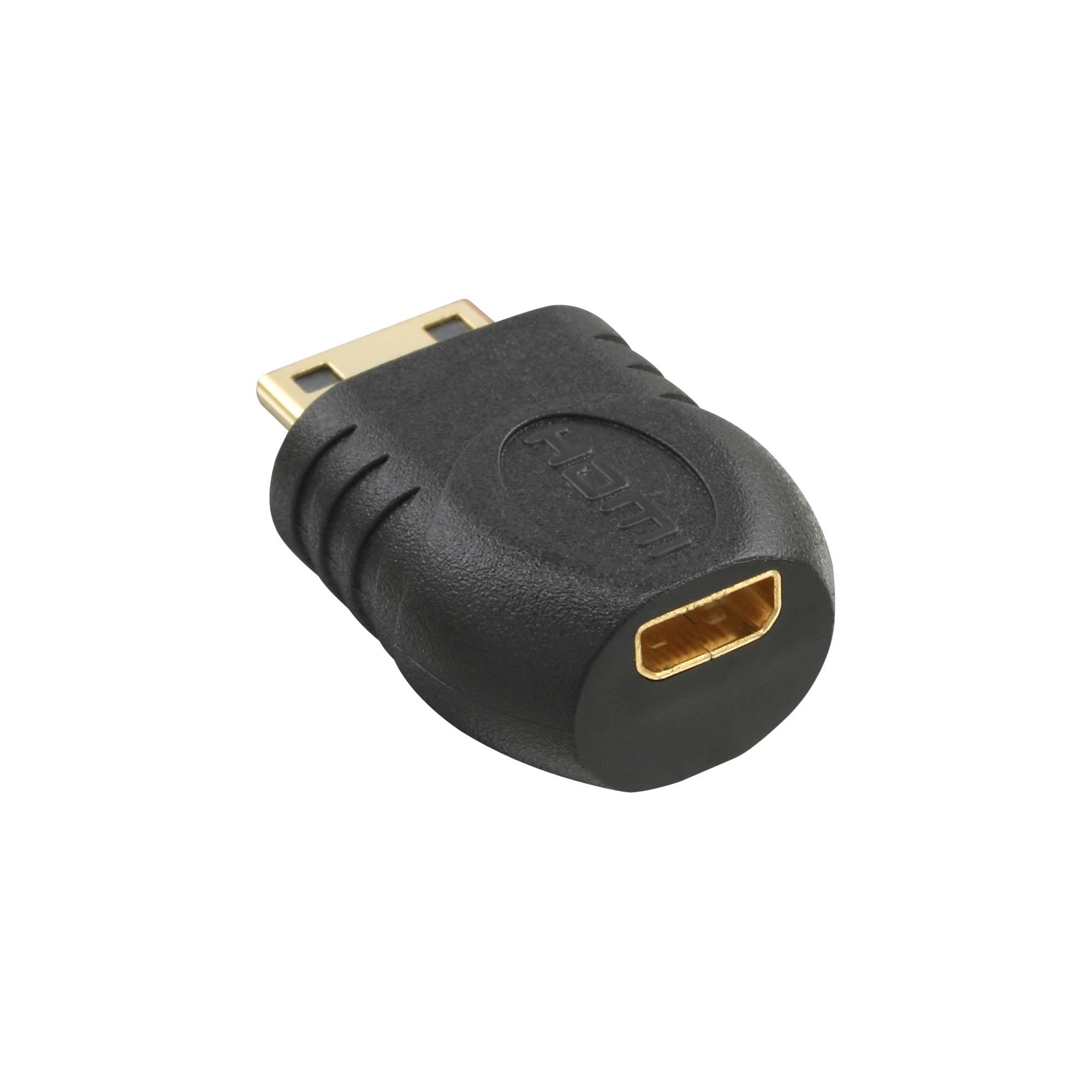 Nahaufnahme eines schwarzen HDMI-Adapters mit einem vergoldeten Stecker, gezeigt vor einem einfachen weißen Hintergrund.