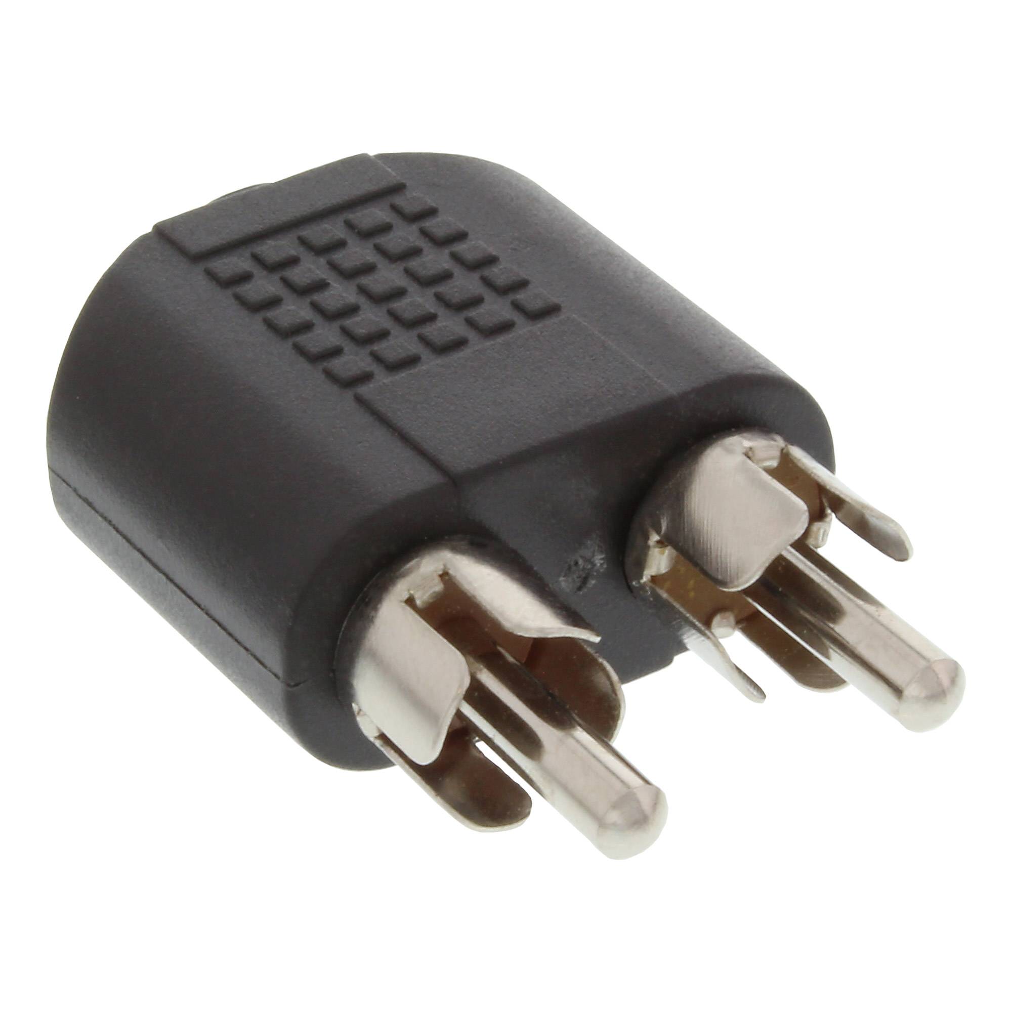 Schwarzer Stereoadapter-Stecker mit zwei Metallstiften, dargestellt auf weißem Hintergrund.