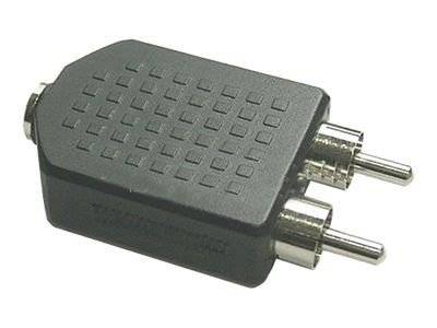 Kleiner schwarzer RCA-Audio-/Video-Adapter mit zwei Metallsteckern und einer Buchse.