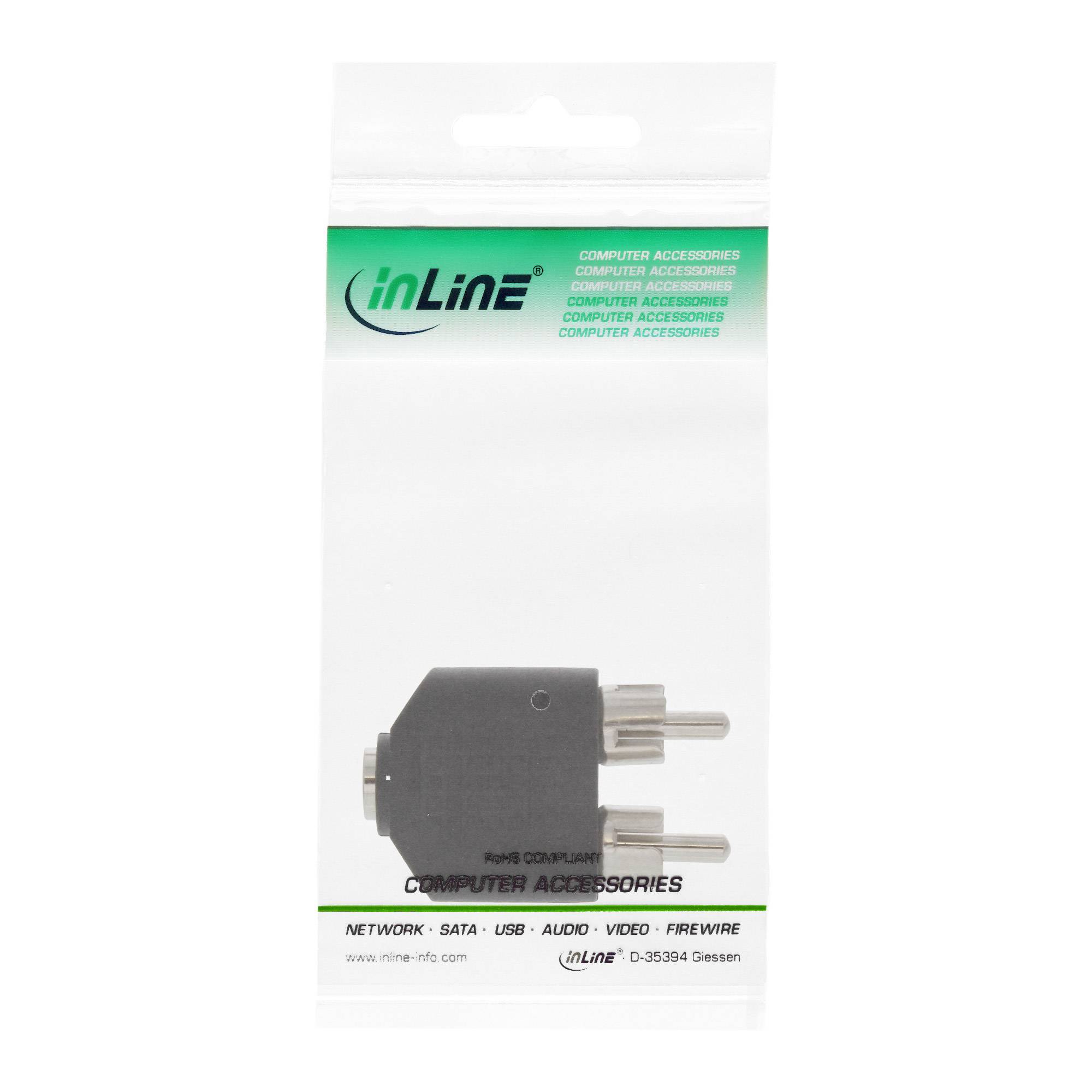 Produktverpackung für einen inLine-Computeradapter für Zubehör, der einen schwarzen Steckeradapter mit zwei Metallstiften auf einer weißen Einzelhandelspackung zeigt.
