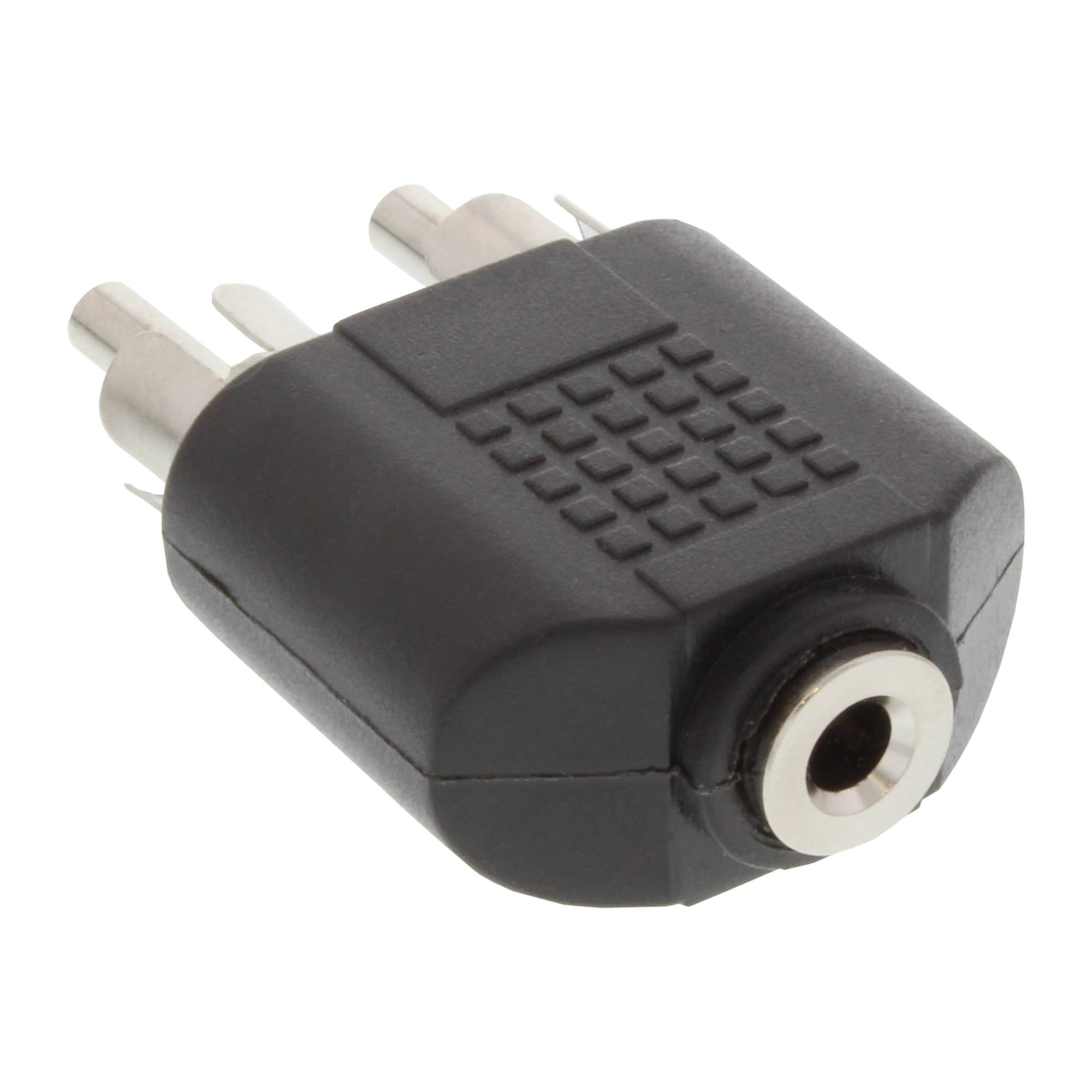 Schwarzer Audio-Adapter mit drei Metallstiften und einer Buchse, gezeigt auf weißem Hintergrund.