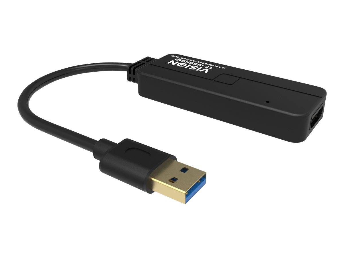 USB 3.0-Adapterkabel mit einem kleinen schwarzen VISION-Gerät und einem goldenen und blauen USB-A-Stecker auf weißem Hintergrund.