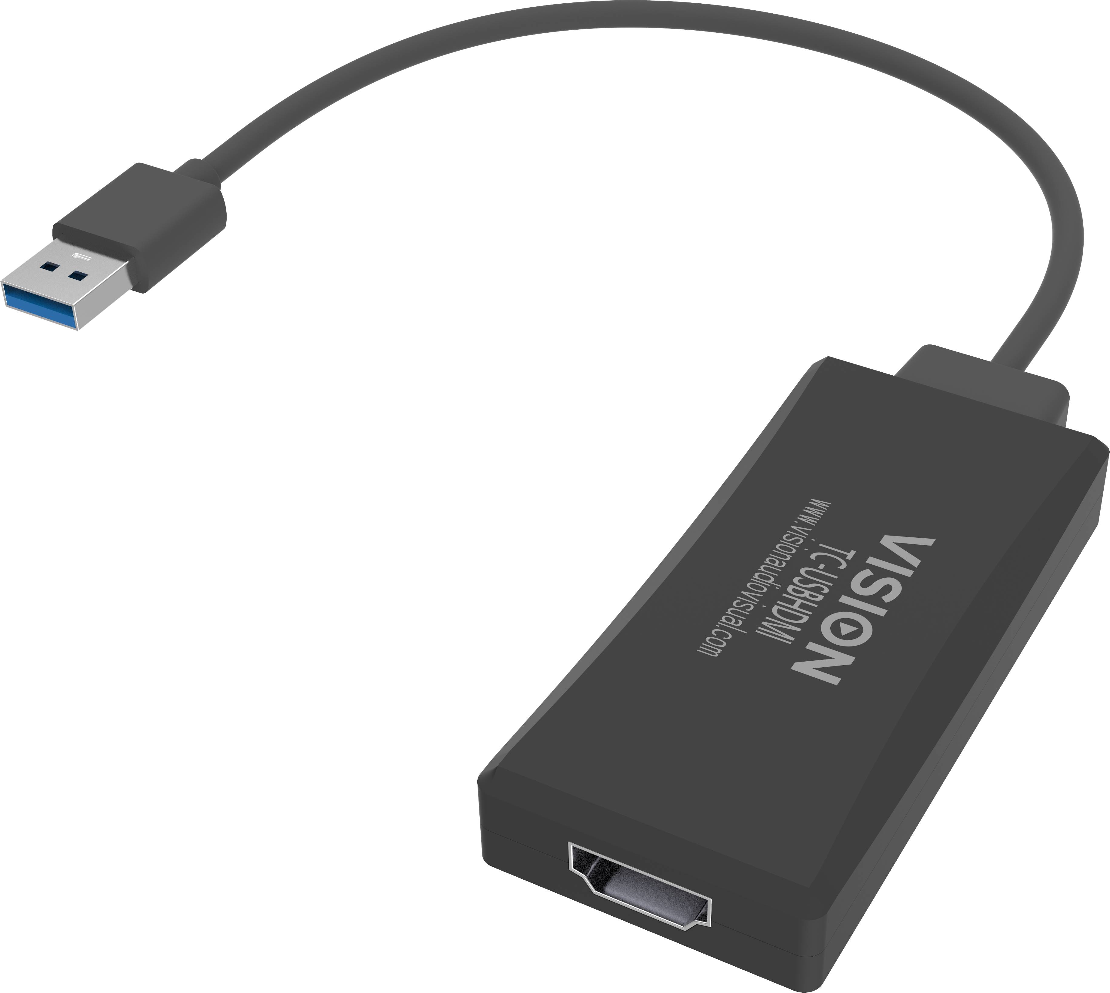 USB-zu-HDMI-Adapterkabel mit Bezeichnung VISION, mit USB-A-Stecker und HDMI-Anschluss