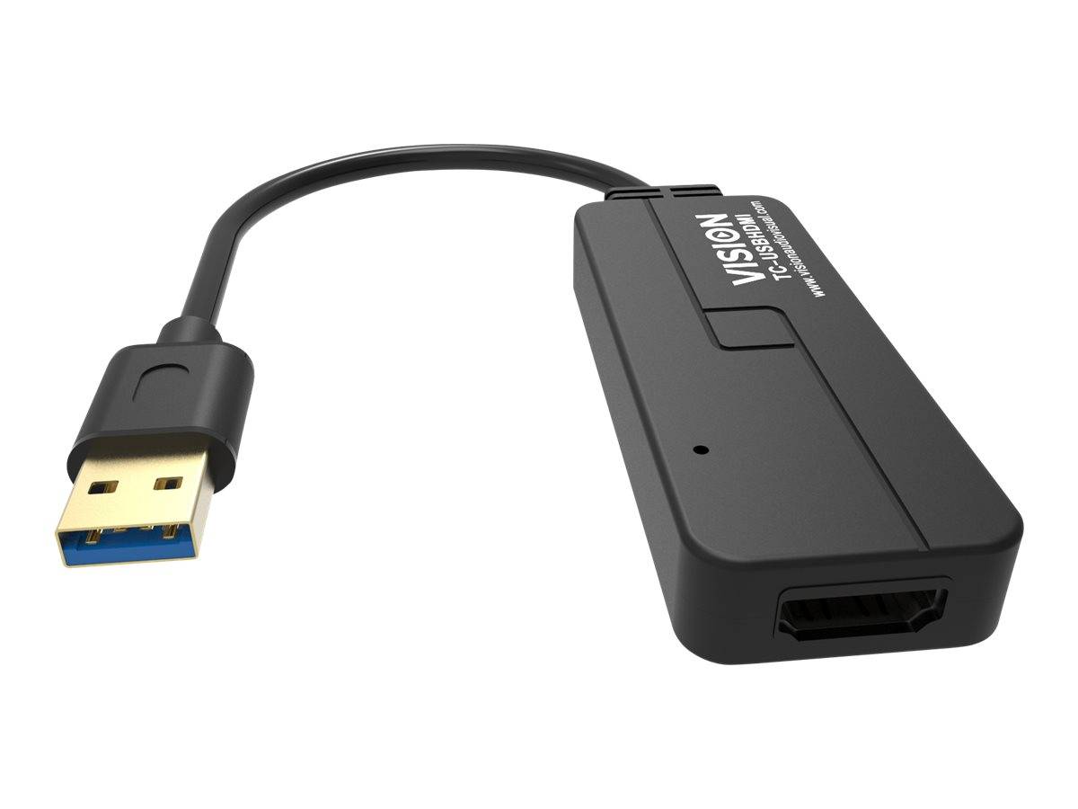 Schwarzer USB-A-auf-HDMI-Adapter-Dongle mit kurzem Kabel und kompaktem Steckerblock, auf weißem Hintergrund gezeigt.