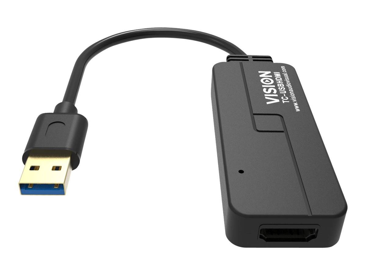 USB 3.0 zu HDMI-Video-Capture-Adapter mit angeschlossenem USB-Stecker und HDMI-Eingangsport, bezeichnet mit „VISION TV