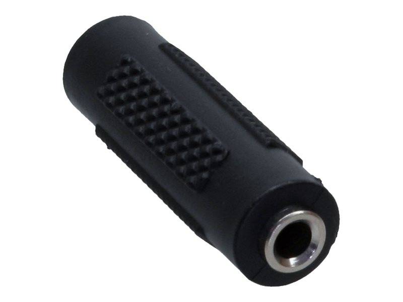 Schwarzer zylindrischer Audioadapter mit strukturiertem Griff und metallverkleideter Buchsenöffnung auf weißem Hintergrund.
