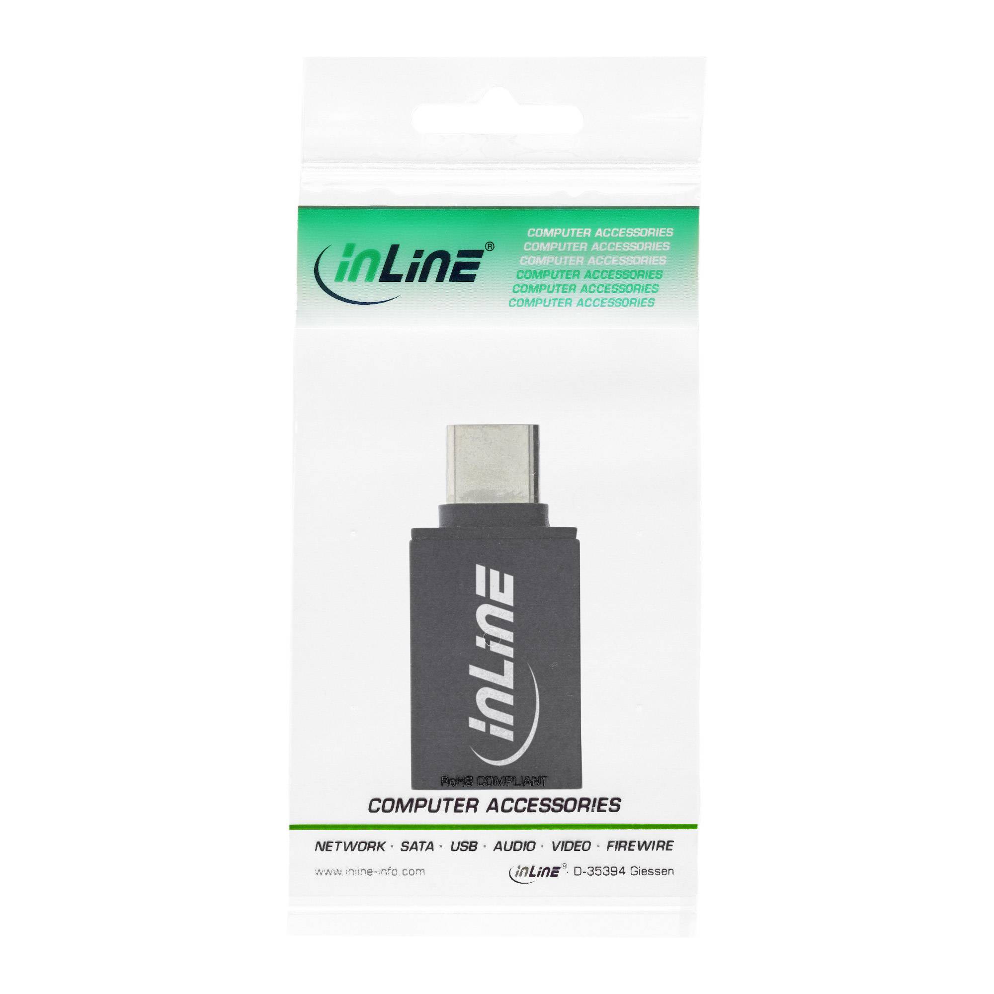 Verpackung für einen inLine USB-Adapter mit einem schwarzen USB-C-Stecker, der auf einer weißen Einzelhandelskarte mit den Bezeichnungen „inLine