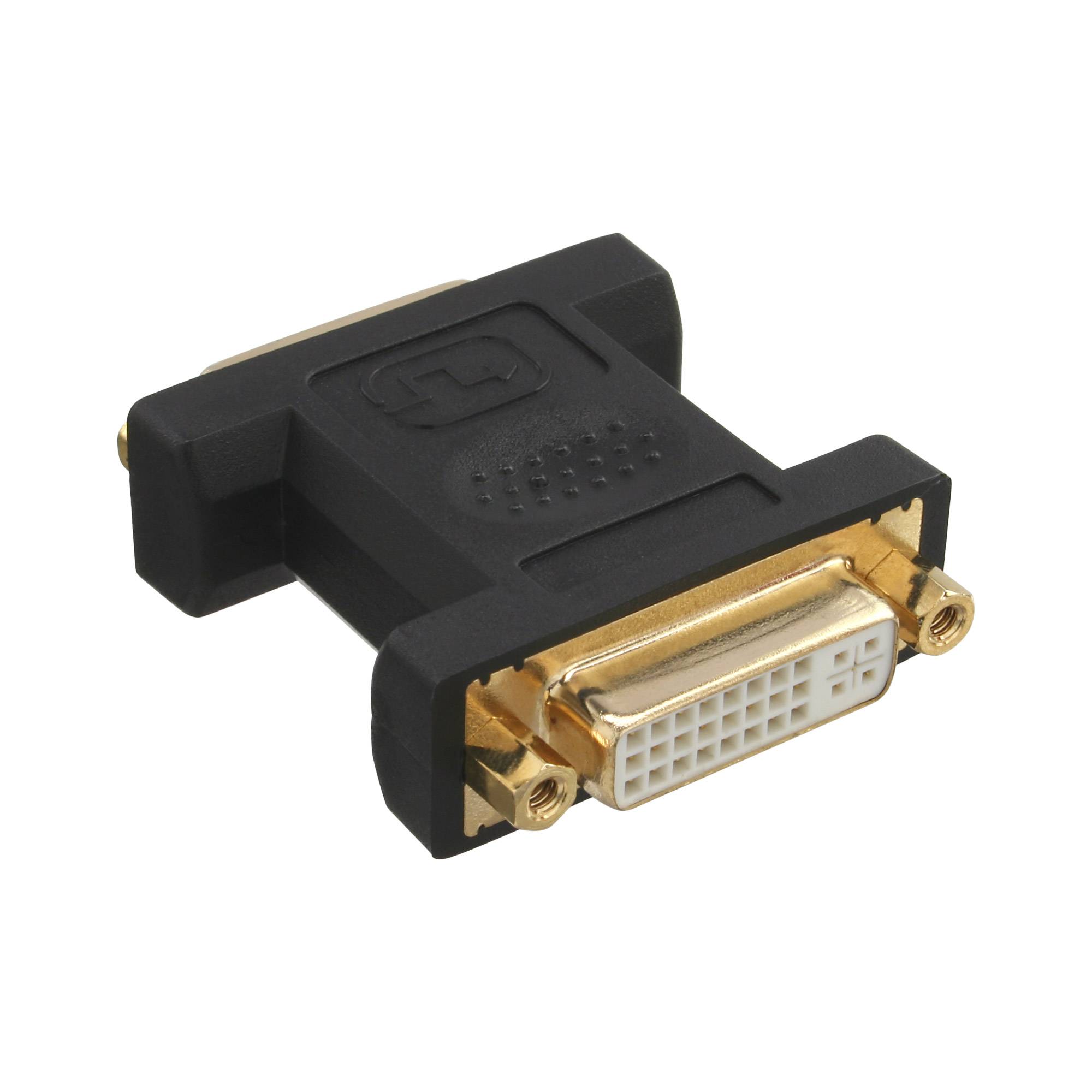 Schwarzer DVI-Adapter mit vergoldeten Anschlüssen, zeigt einen rechtwinkligen weiblichen DVI-Anschluss auf weißem Hintergrund.