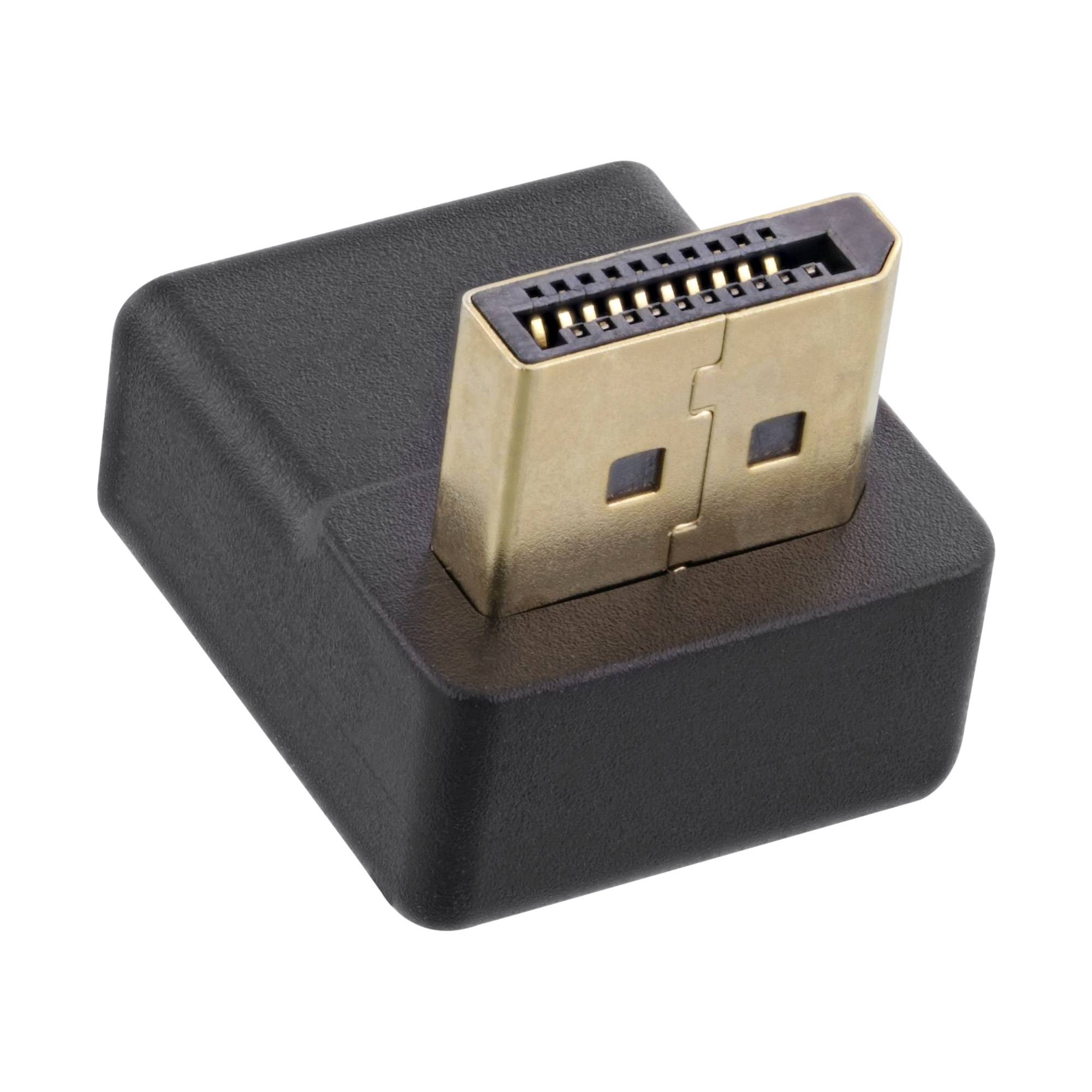 HDMI-Adapter mit schwarzer Kunststoffbasis und metallischem Stecker, dargestellt auf weißem Hintergrund.