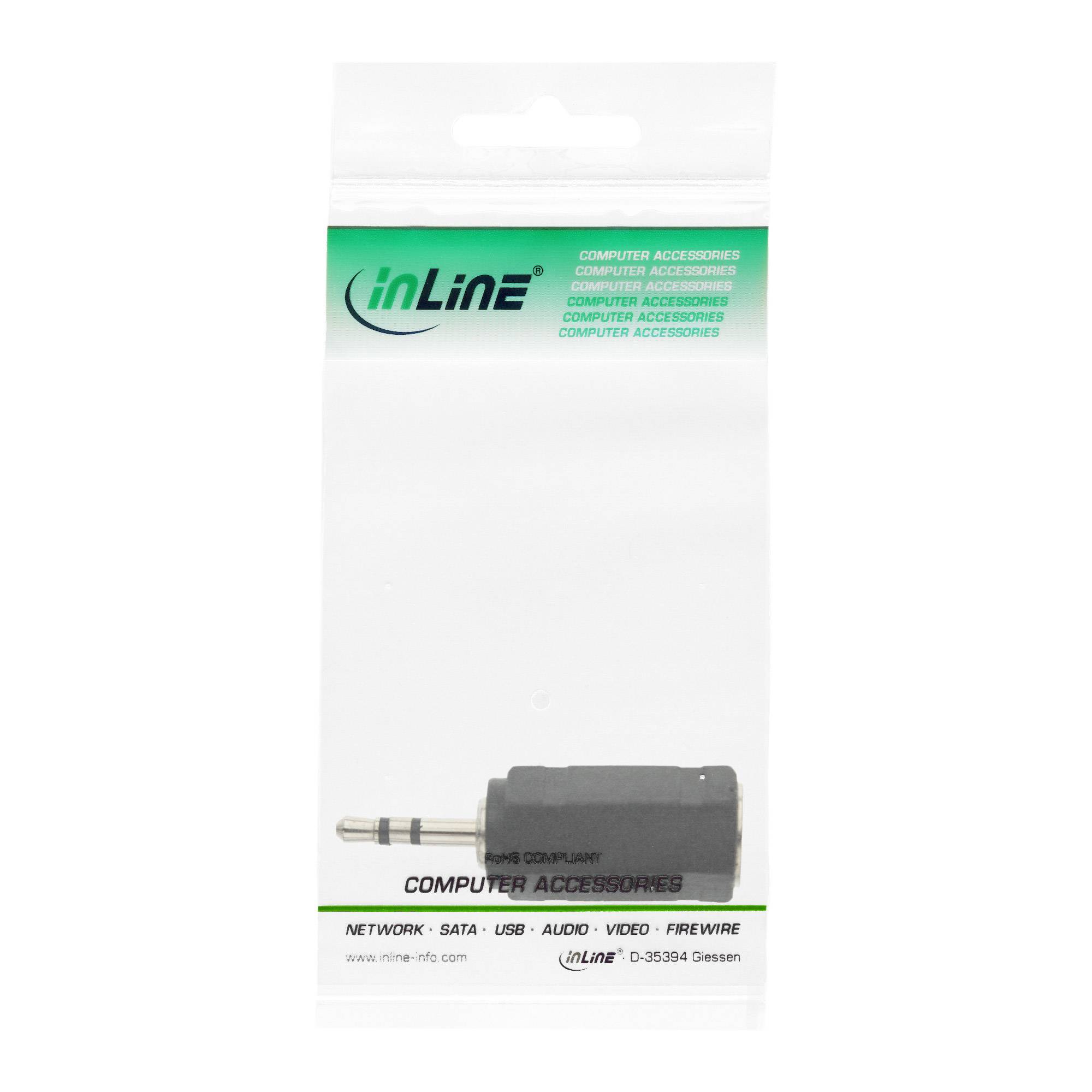 Einzelhandelverpackung für ein inLine-Computerzubehör mit einem kleinen schwarzen Adapter mit 3,5-mm-Stecker und Etiketten für Netzwerk, SATA, USB, Audio, Video und FireWire.