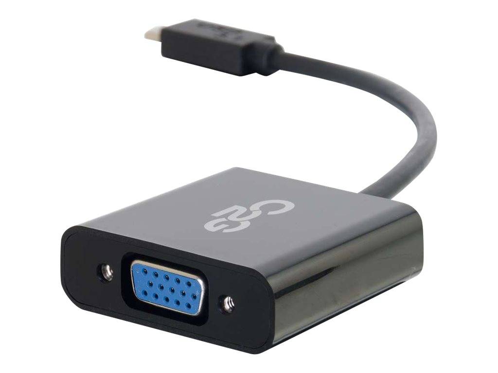 USB-C-zu-VGA-Adapter mit angeschlossenem Kabel und VGA-Buchse an einem kleinen schwarzen Dongle