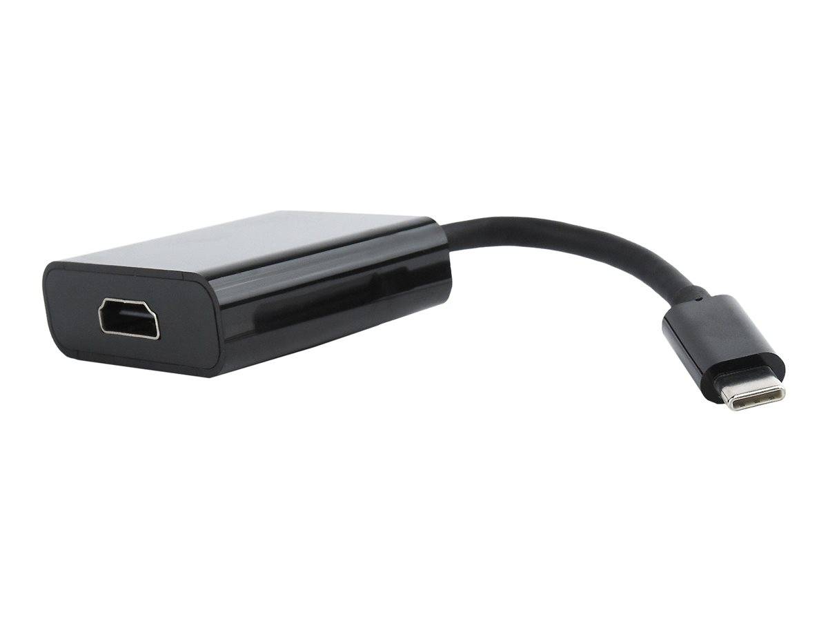 USB-C-auf-HDMI-Adapterkabel mit einem kleinen schwarzen Stecker auf weißem Hintergrund.