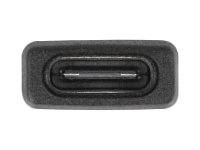 Nahaufnahme eines rechteckigen schwarzen USB-C-Ladeanschlusses auf weißem Hintergrund.