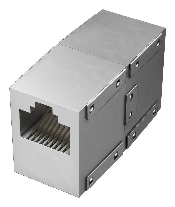 3D-Illustration eines Metall-Ethernet-RJ45-Netzwerksteckers mit offenem Anschluss und sichtbaren internen Stiften.