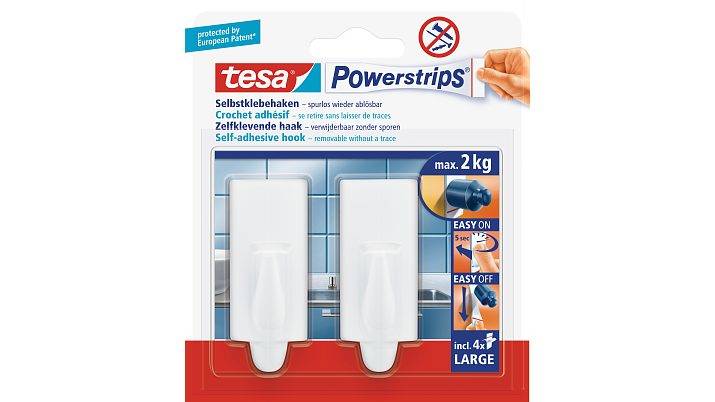 TESA 58045, Indoor, Universalhaken, Weiß, Kunststoff, Klebestreifen, Glas, Fliesen & Metall, Holz
