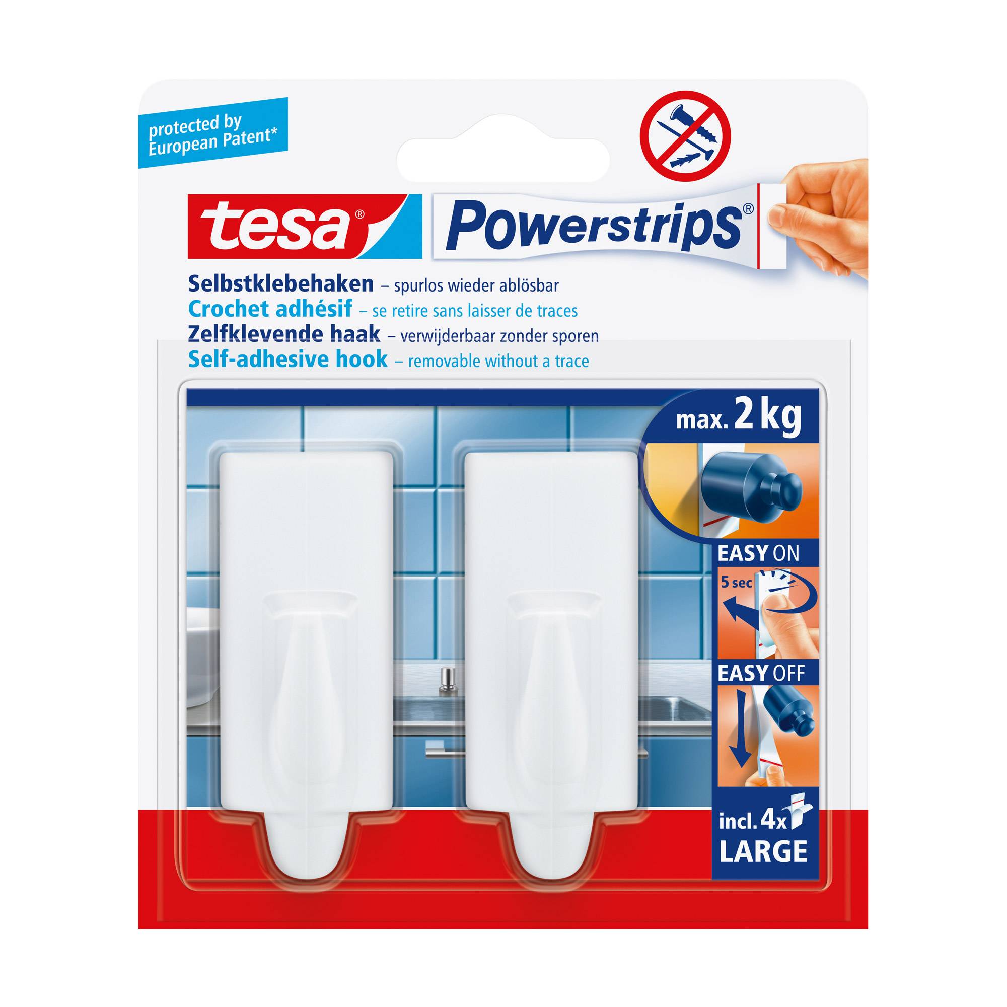 Paket mit tesa Powerstrips selbstklebenden Haken, zeigt zwei weiße Haken, maximale Tragfähigkeit 2 kg, einfaches Anbringen in 5 Sekunden und einfaches Entfernen ohne Spuren.