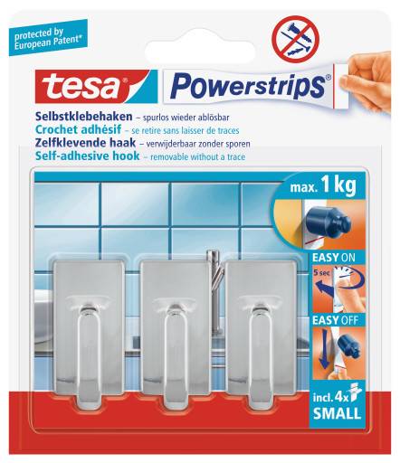 Verpackung für tesa Powerstrips selbstklebende Haken, mit drei abnehmbaren Haken, max. 1 kg Tragfähigkeit und einfache An-/Abbringung.