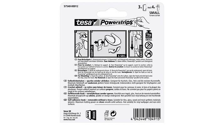 Paket von tesa Powerstrips Small Klebehaken mit Anleitung, Tragfähigkeit von 1 kg und Barcode auf der Vorderseite.